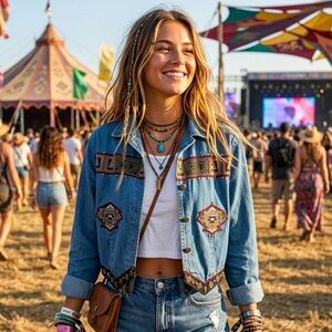 Vintage Embroidered Blue Denim Jacket - Festival Cropped Southwestern Coachella